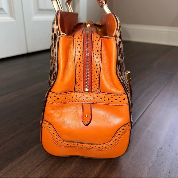 Antonio Melani Y2K Orange Leather Leopard Calf Hair Large Satchel Tote Tassels - Picture 5 of 16